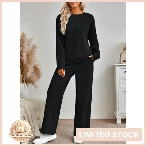 Oversized Sweatshirt Wide Leg Pants Lounge Set Chic Minimal Travel Outfit - Picture 4 of 7